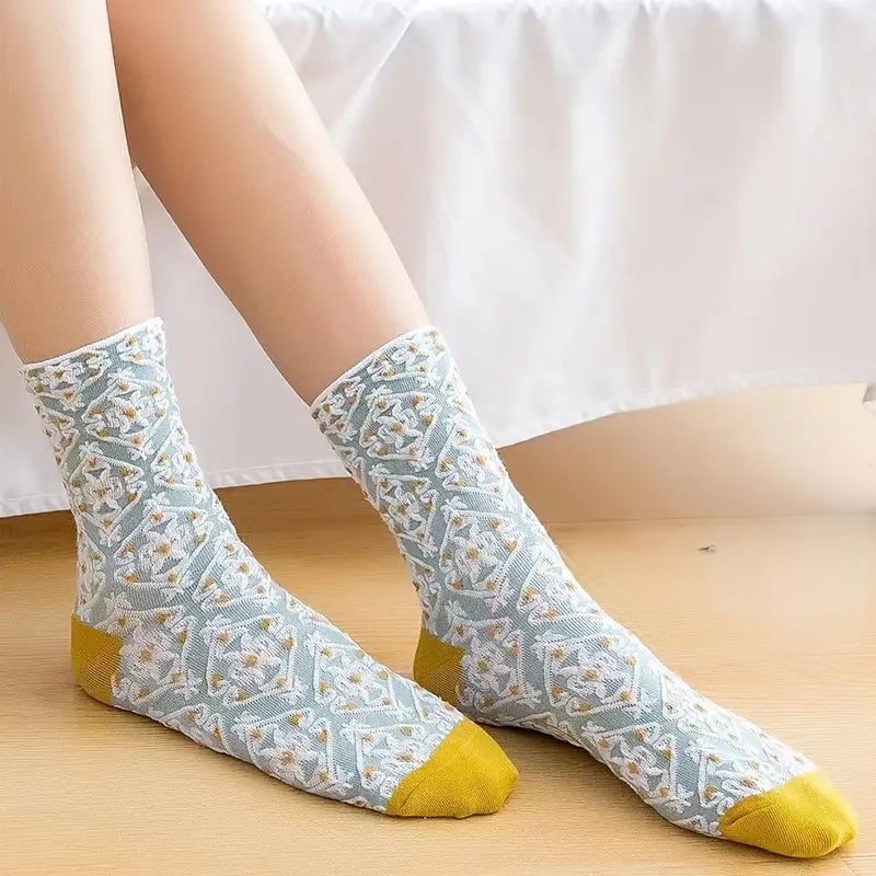 5-Pairs: Flower Geometric 3D Textured Ankle Cotton Blend Cottage Core Lucky Socks Image 2