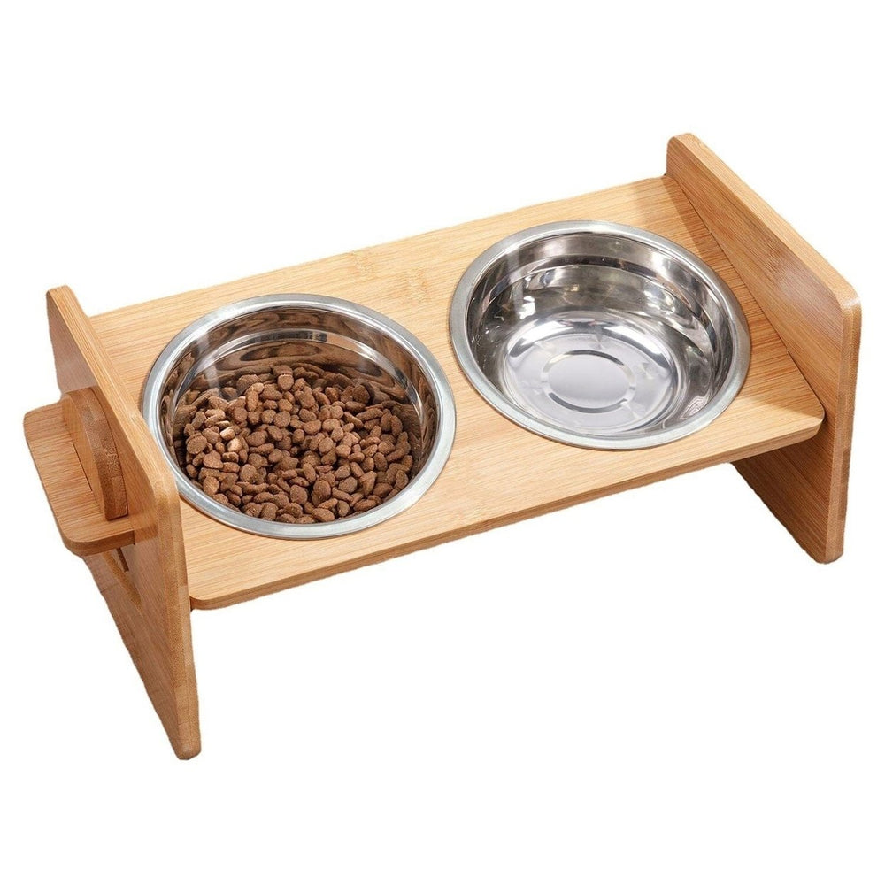 5 Tilt Bamboo Double Elevated Dog Bowls with 4 Adjustable Heights Image 2