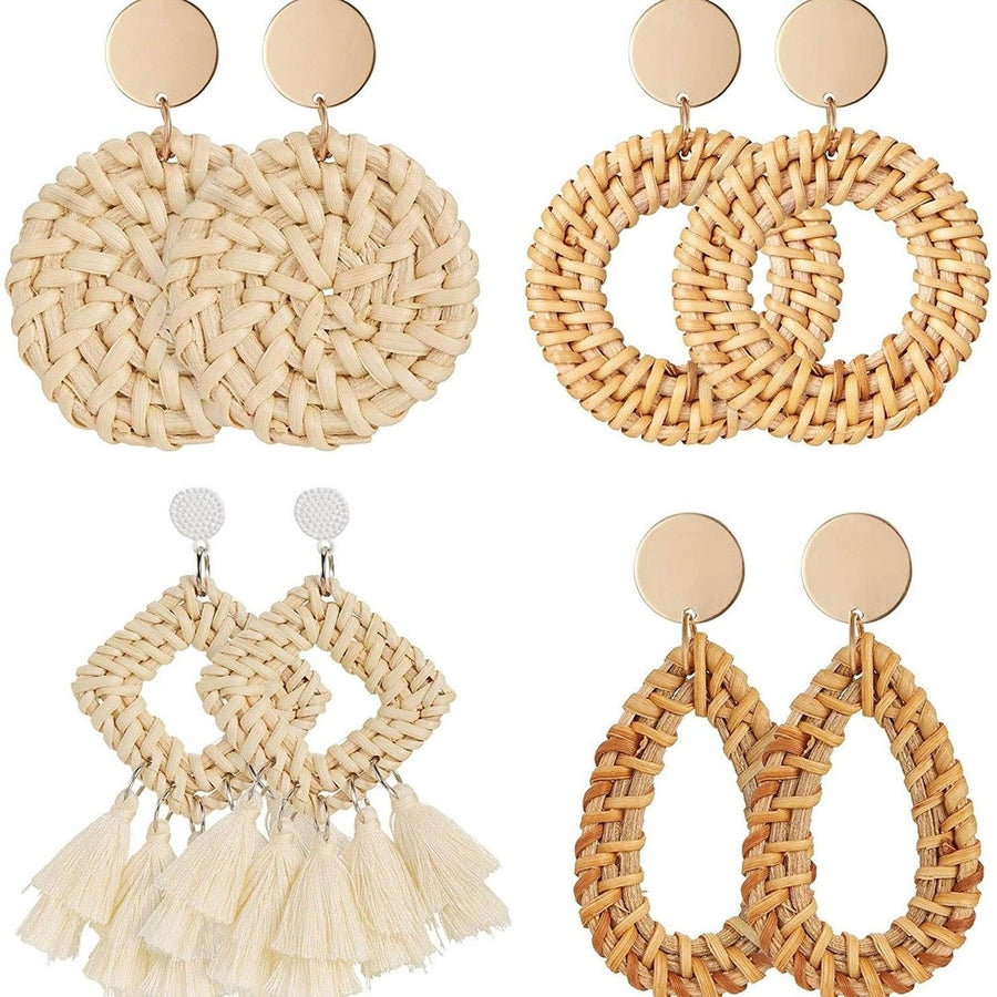 4-Pairs: Womens Rattan Earrings Image 1