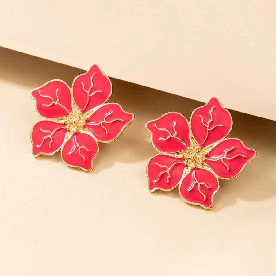 4-Pairs: Womens Textured Metal Flower Design Stud Earrings Image 4