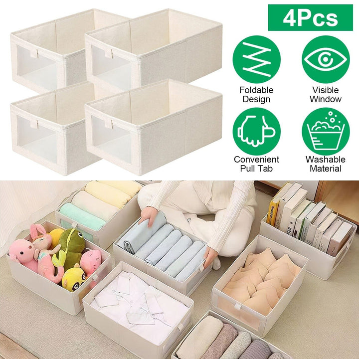 4-Pieces: Foldable Linen Clothing Storage Bin with Visible Clear Window Image 4