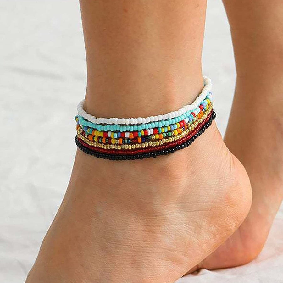 7-Pieces Set: Womens Hand Beaded African Anklet Image 1