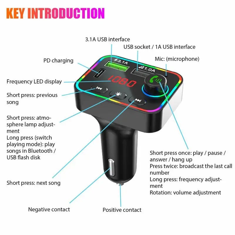 7 Color LED Backlit Light Bluetooth FM Transmitter and Dual USB Charger Image 2