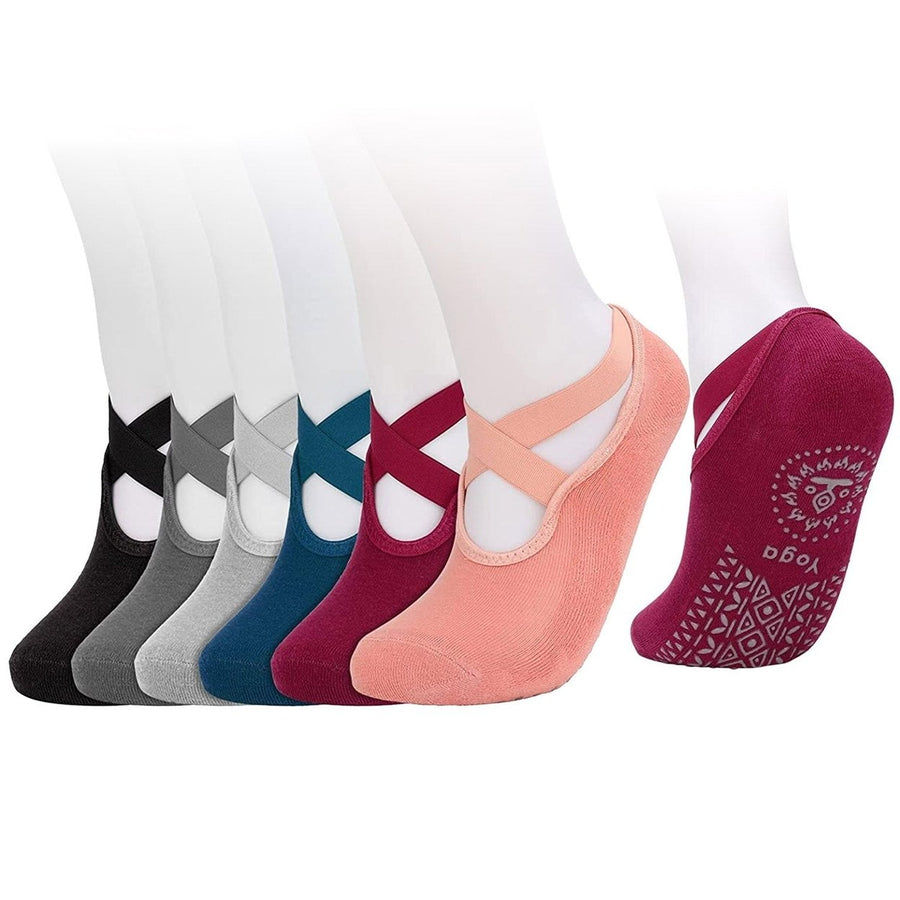 6-Pack: Women Yoga Socks with Straps Non-Slip Grips Image 1