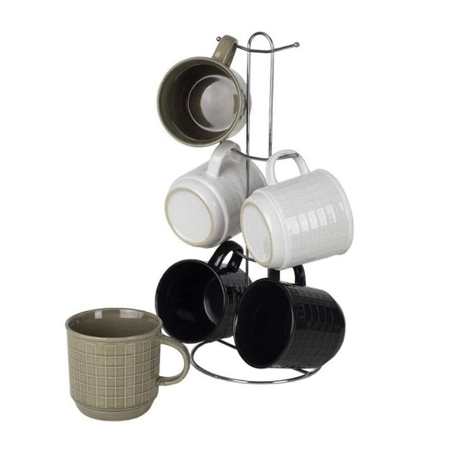 6-Piece Set: Stoneware Mug Set with Metal Rack Image 1