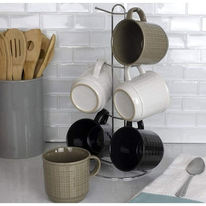 6-Piece Set: Stoneware Mug Set with Metal Rack Image 4