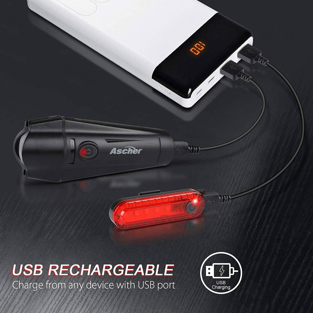 Ascher Ultra Bright USB Rechargeable Bike Light Set Image 2