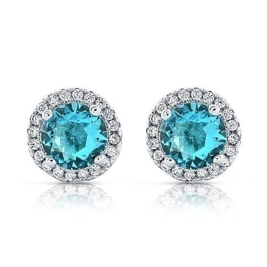 Halo Cz Aquamarine Stud Earrings White Sterling Silver Filled High Polish Finish Image 1