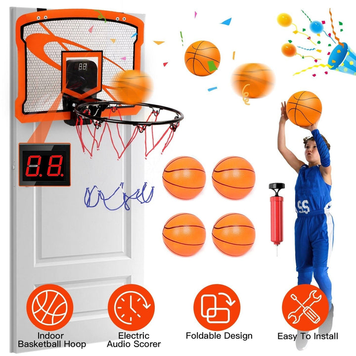 Indoor Mini Basketball Hoop Set with 4 Inflatable Balls Electric Audio Scorer Image 4