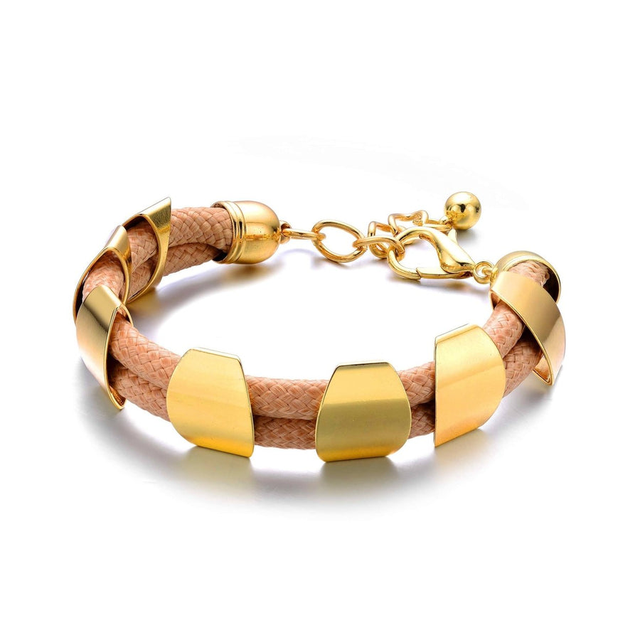 Khacki Leather Bracelet with Polished Metal Gold Plate Chain Image 1