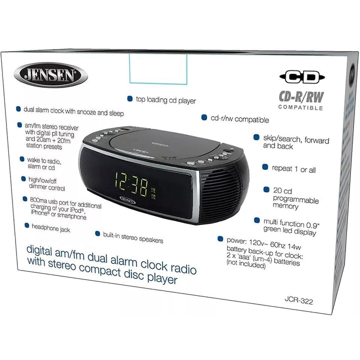 Jensen JCR-322 Modern Home CD Tabletop AM/FM Radio CD Player Dual Alarm Clock (Refurbished) Image 4