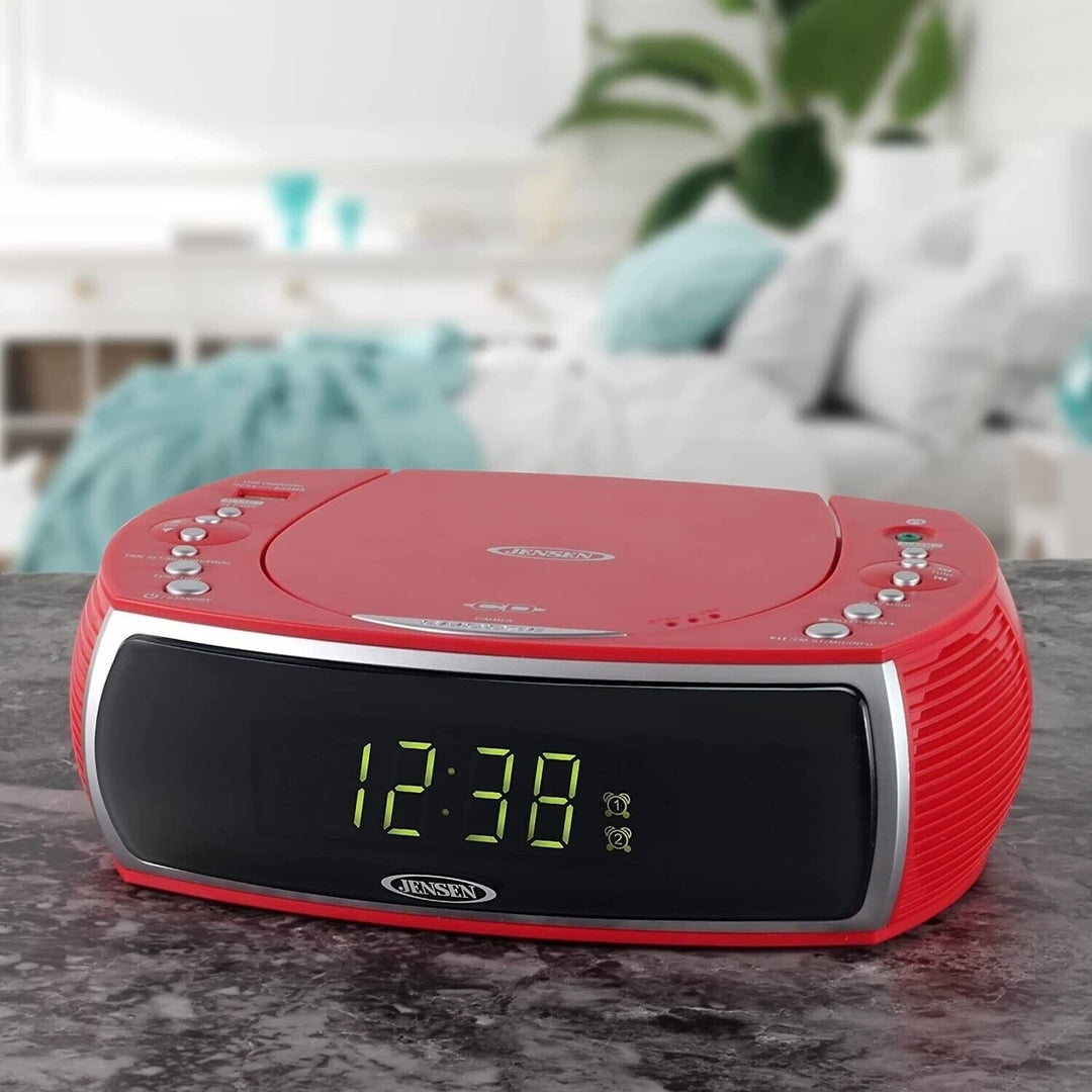 Jensen JCR-322R Modern Home CD Tabletop Stereo Clock Digital Display AM/FM Radio CD Player Dual Alarm Clock (Red) Image 1