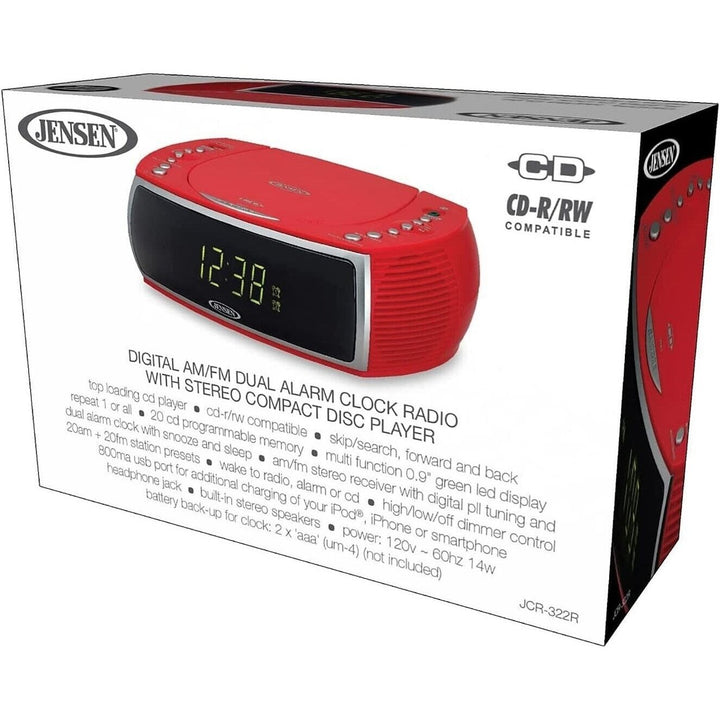 Jensen JCR-322R Modern Home CD Tabletop Stereo Clock Digital Display AM/FM Radio CD Player Dual Alarm Clock (Red) Image 4