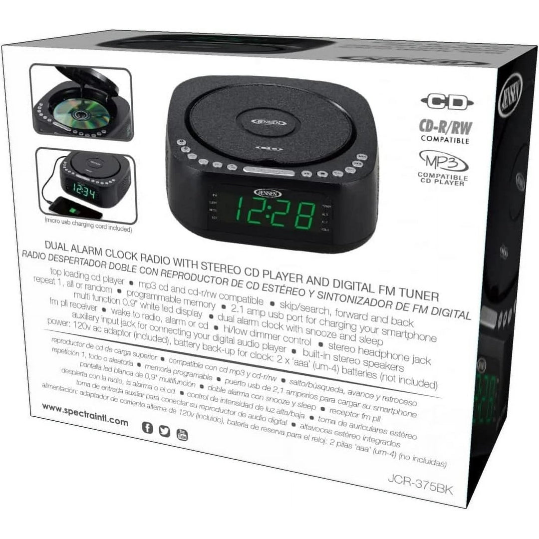 Jensen JCR-375 BLK Green LED CD/MP3 Clock Radio USB charge (Black) Image 7