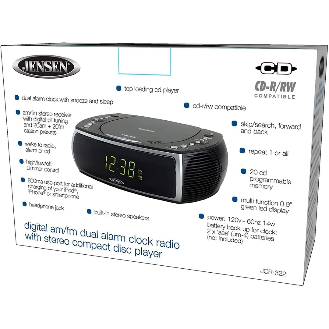 Jensen JCR-322 Modern Home CD Tabletop Stereo Clock Digital AM/FM Radio CD Player Dual Alarm Clock - Black Image 6