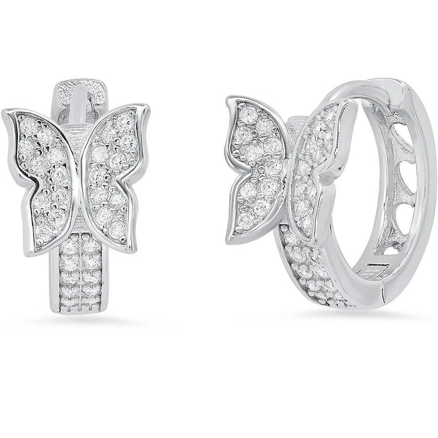 Ladies Sterling Silver and Simulated Diamonds Butterfly Huggie Earrings Image 1