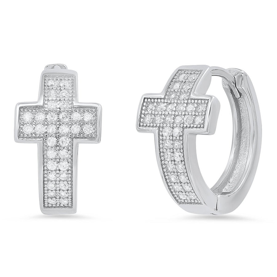 Ladies Sterling Silver and Simulated Diamonds Cross Huggie Earrings Image 1