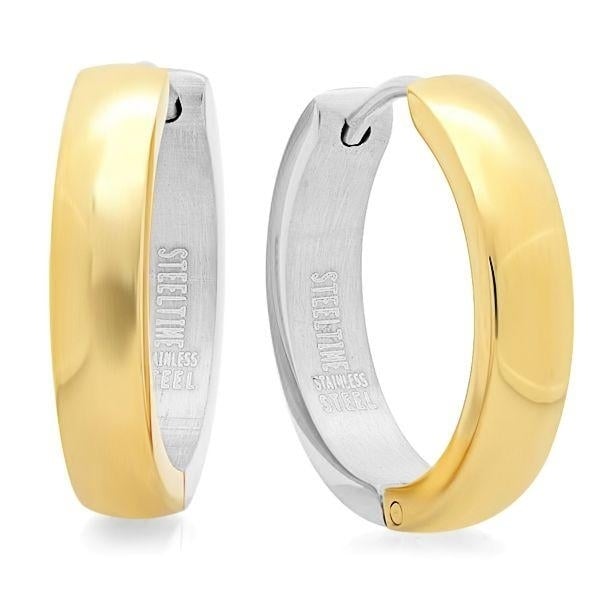 Ladies Two Tone Stainless Steel and 18K Gold Plated Huggie Earrings Image 2