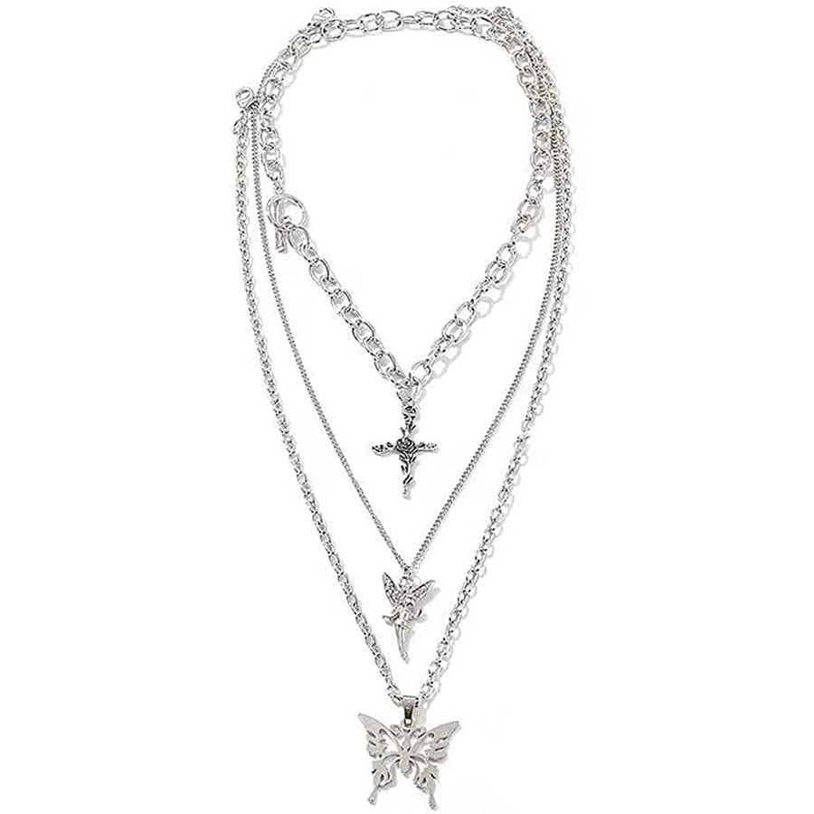 Layered Butterfly Cross Angel Pendant Necklace Image 1