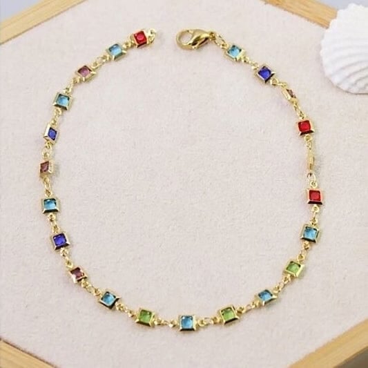 Light Multi Color Crystal Square Ankle Bracelet Image 2