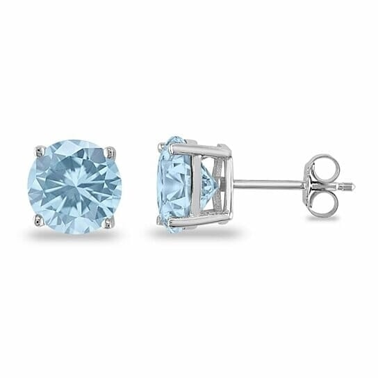 March Birthstone Aquamarine 925 Sterling Silver Round Cz Stud Casting Earrings Image 1