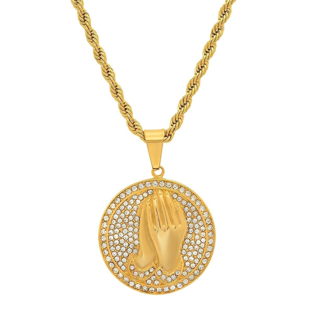 Mens 18k Gold Plated Stainless Steel and Simulated Diamonds Prayer Hands Pendant Image 1