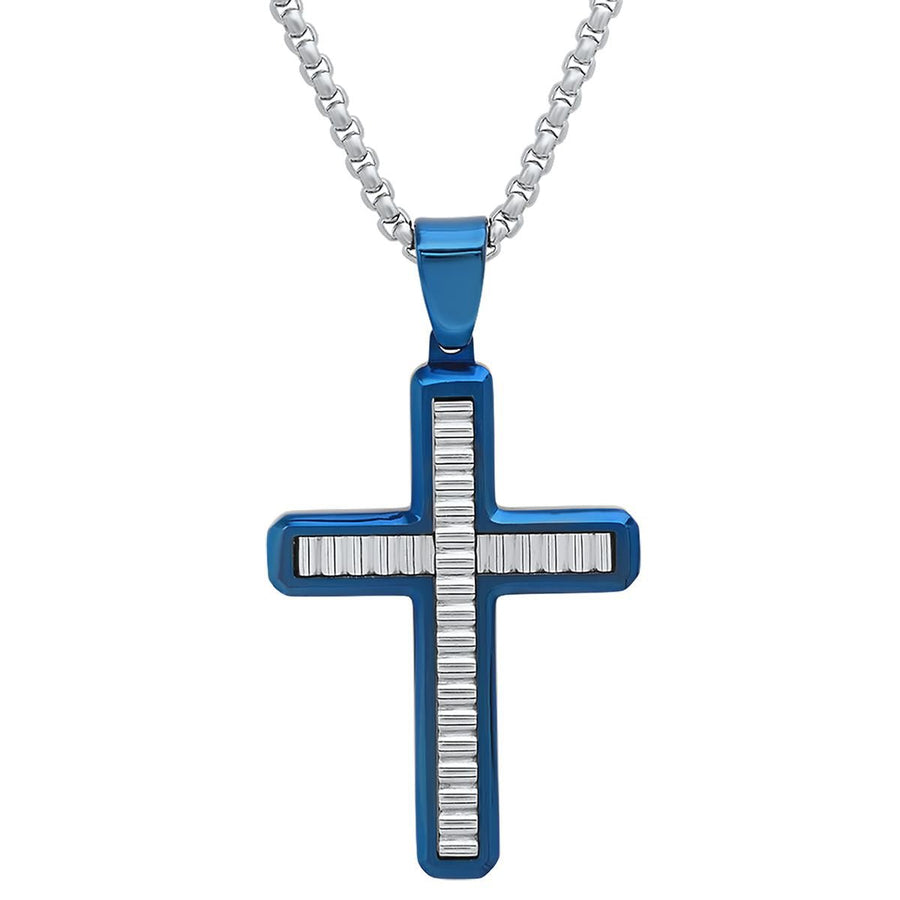 Mens Two Tone Stainless Steel and Blue IP Cross with Waives Inlay Pendant Image 1