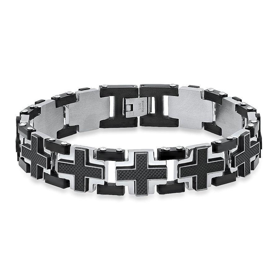 Mens Two Tone Black IP Stainless Steel and Black Carbon Fiber Cross Links Bracelet Image 1