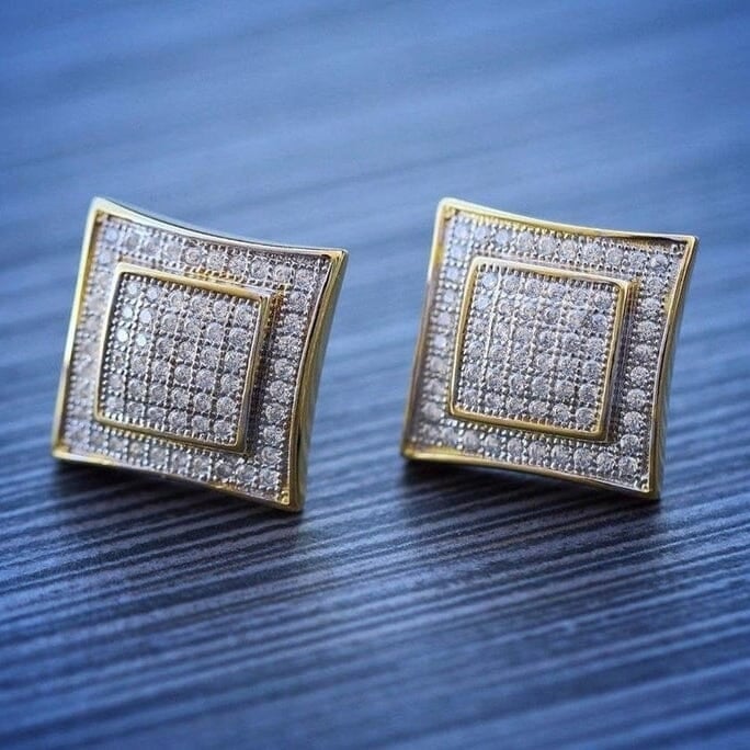 Mens Solid 14k Gold Large Square Lab Diamond Screw Back Earrings Image 1