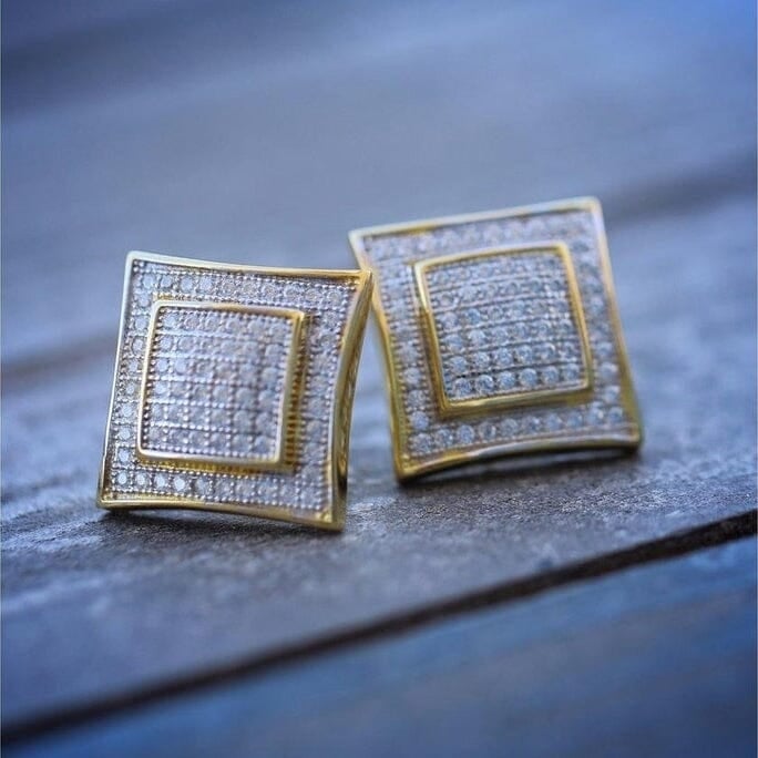 Mens Solid 14k Gold Large Square Lab Diamond Screw Back Earrings Image 2