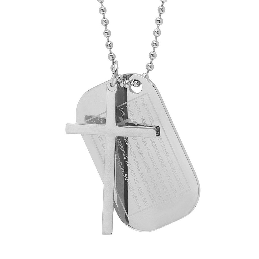 Mens Stainless Steel Cross and Our Father Prayer Dog Tag Pendants on Ball Chain Image 1