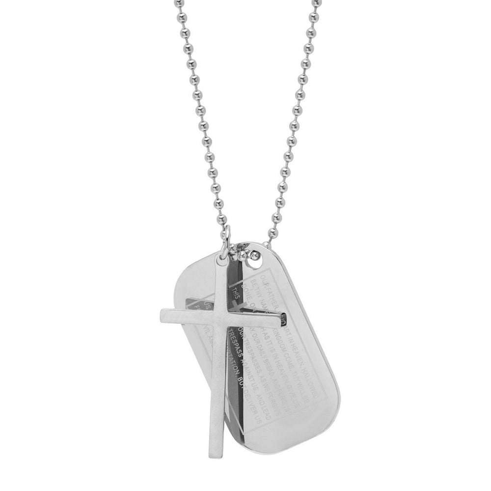 Mens Stainless Steel Cross and Our Father Prayer Dog Tag Pendants on Ball Chain Image 2