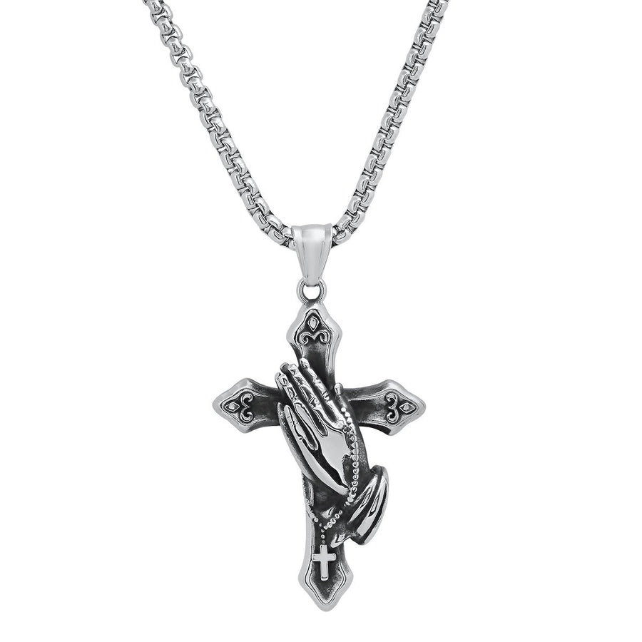 Mens Stainless Steel Oxidized Prayer Hand and Cross Pendant Image 1