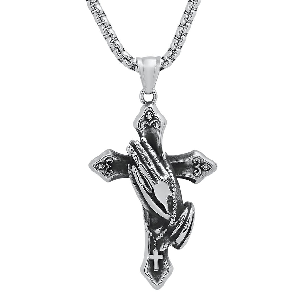 Mens Stainless Steel Oxidized Prayer Hand and Cross Pendant Image 2