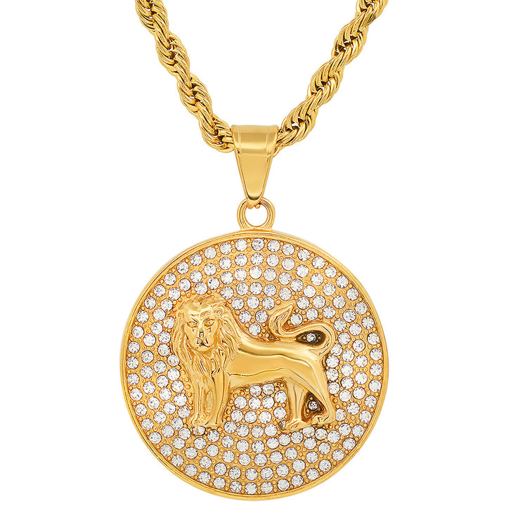 Mens 18k Gold Plated Stainless Steel And Simulated Diamonds Round Lion Pendant Image 2