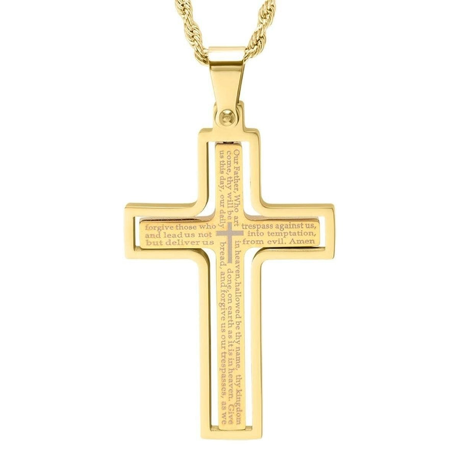 Mens Stainless Steel The Lords Prayer Rotating Cross Pendant Necklace Image 1