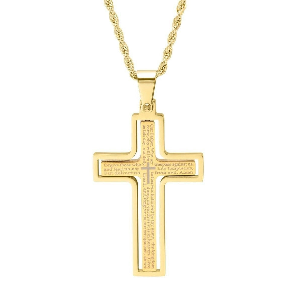 Mens Stainless Steel The Lords Prayer Rotating Cross Pendant Necklace Image 2