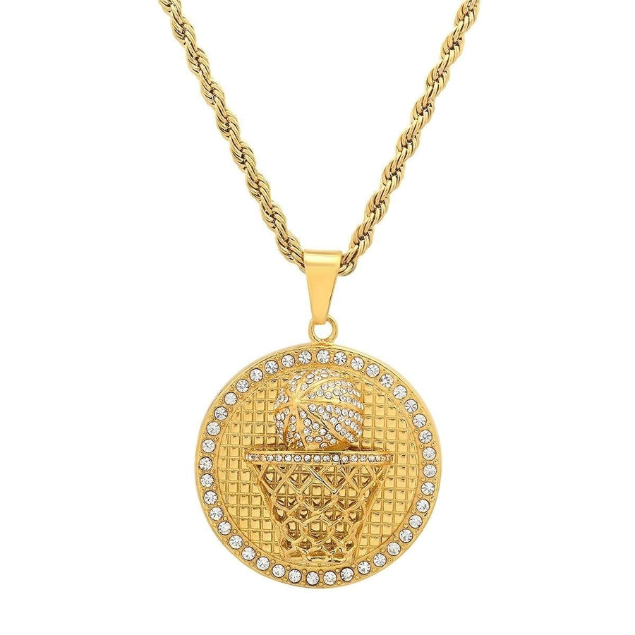 Mens 18k Gold Plated Stainless Steel and Simulated Diamonds Round Basketball Pendant Image 1