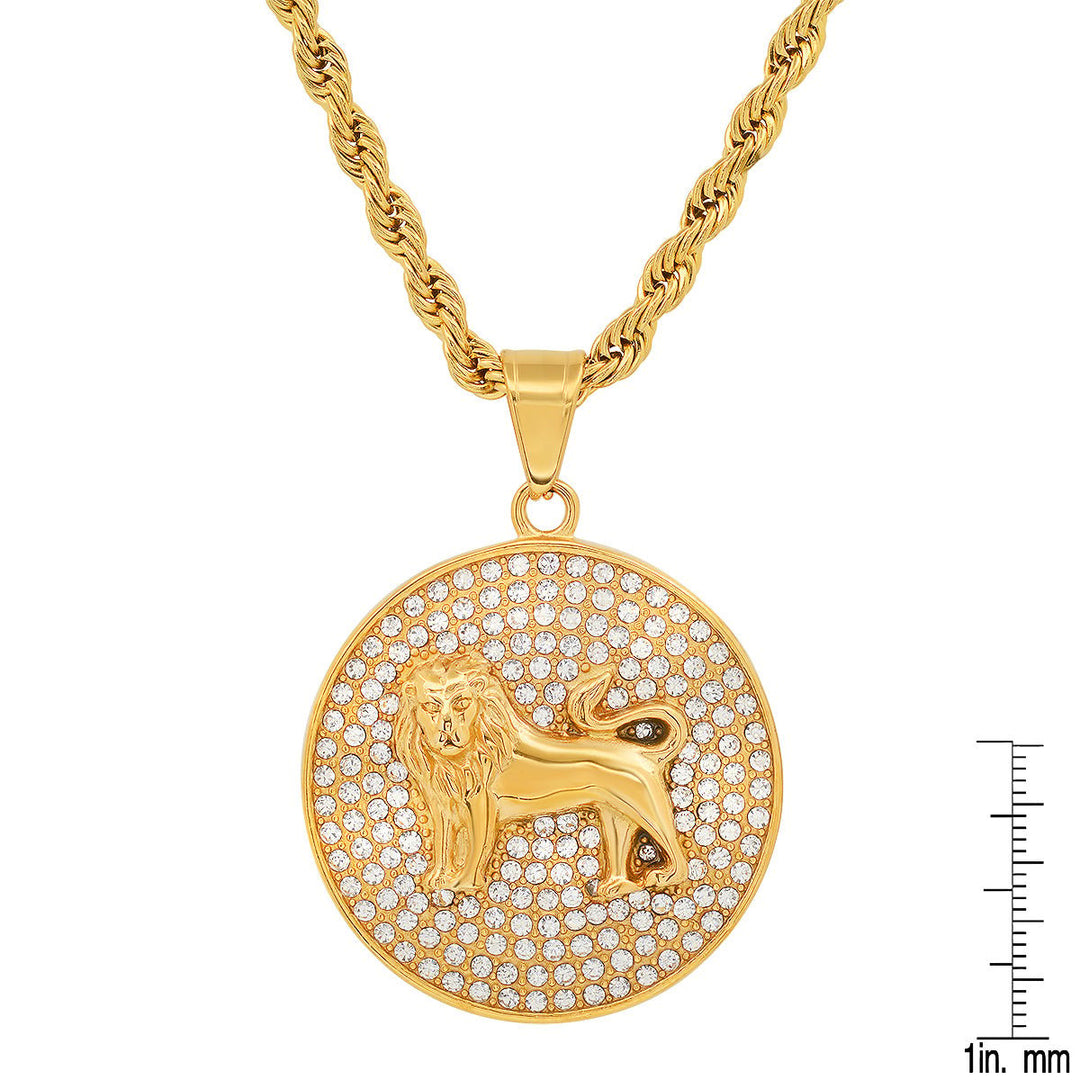 Mens 18k Gold Plated Stainless Steel And Simulated Diamonds Round Lion Pendant Image 3