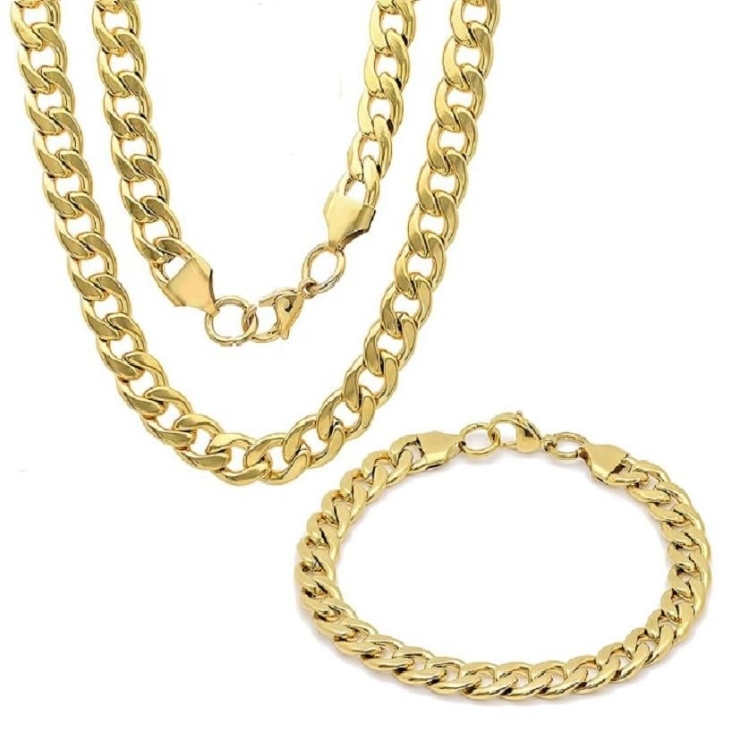 Mens 18k Gold Plated Stainless Steel Cuban Link Chain Bracelet and Necklace Set Image 1