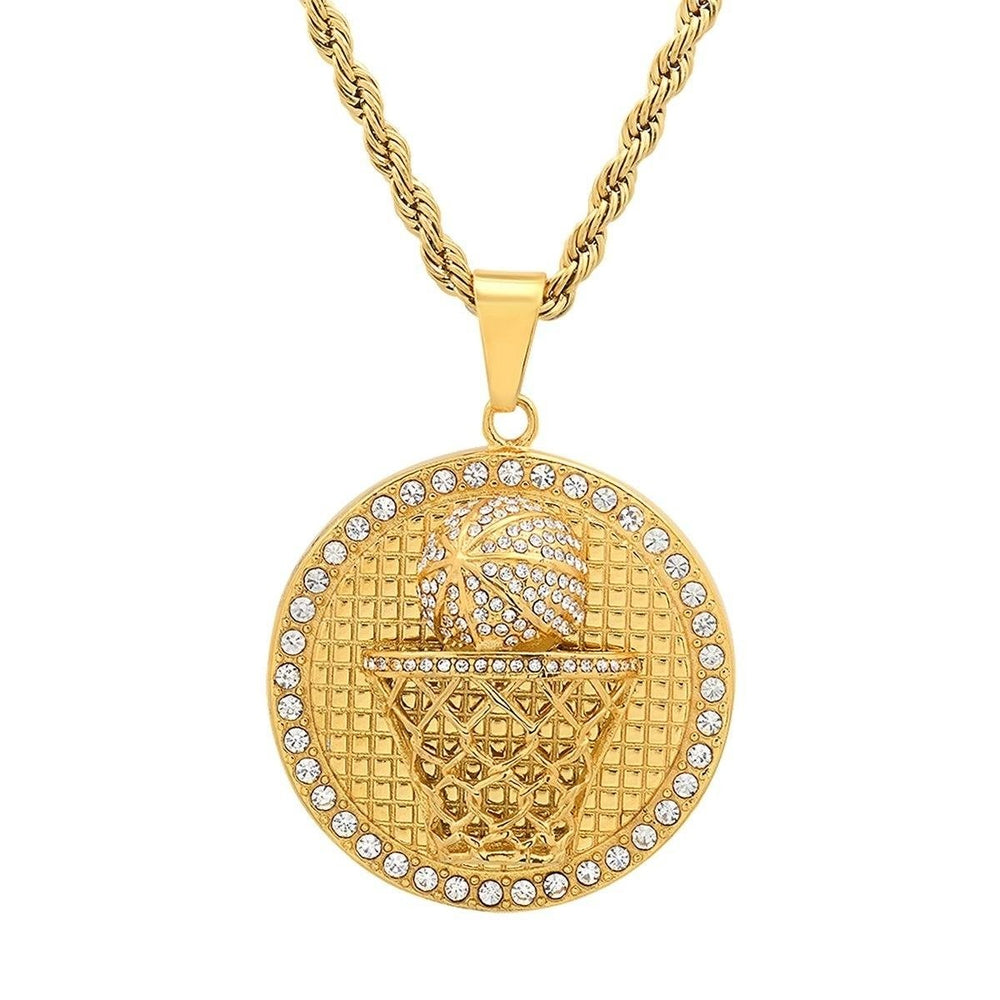 Mens 18k Gold Plated Stainless Steel and Simulated Diamonds Round Basketball Pendant Image 2