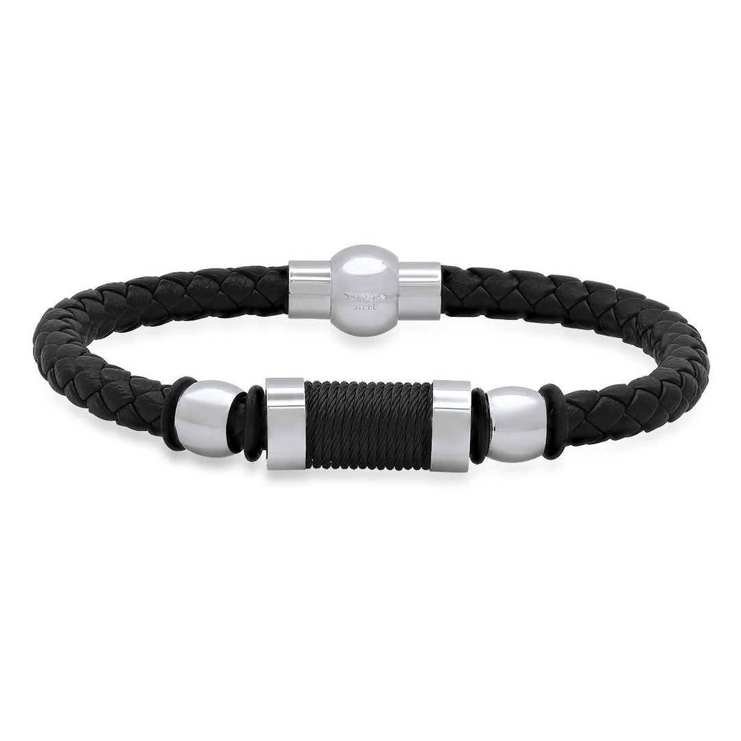 Mens Black Braided Leather Black Threat and Stainless Steel Bracelet Image 1