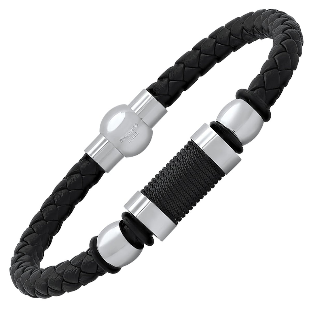 Mens Black Braided Leather Black Threat and Stainless Steel Bracelet Image 2