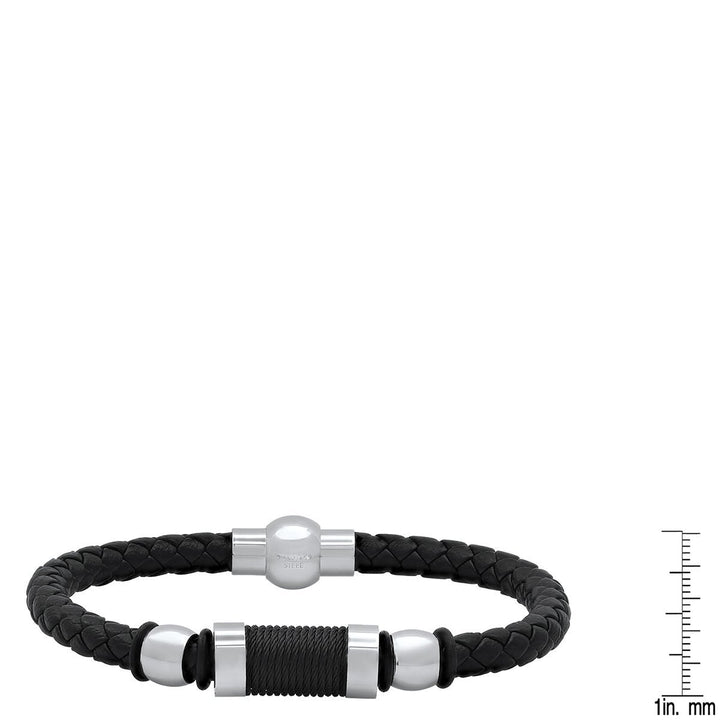 Mens Black Braided Leather Black Threat and Stainless Steel Bracelet Image 3