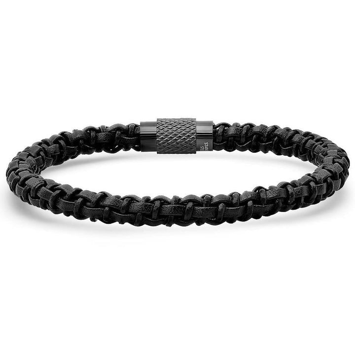 Mens Black Braided Leather Bracelet with Black IP Stainless Steel Accented Magnetic Clasp Image 1