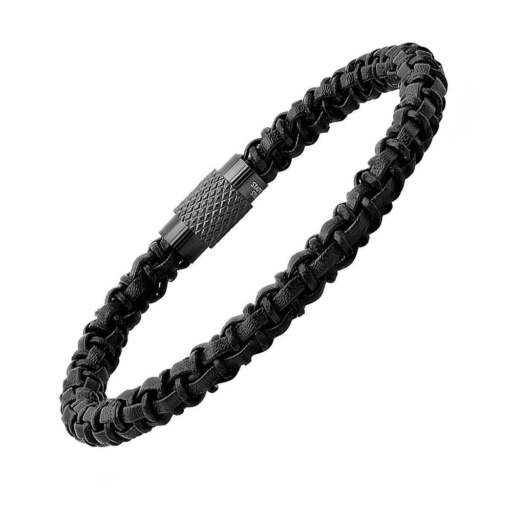 Mens Black Braided Leather Bracelet with Black IP Stainless Steel Accented Magnetic Clasp Image 2