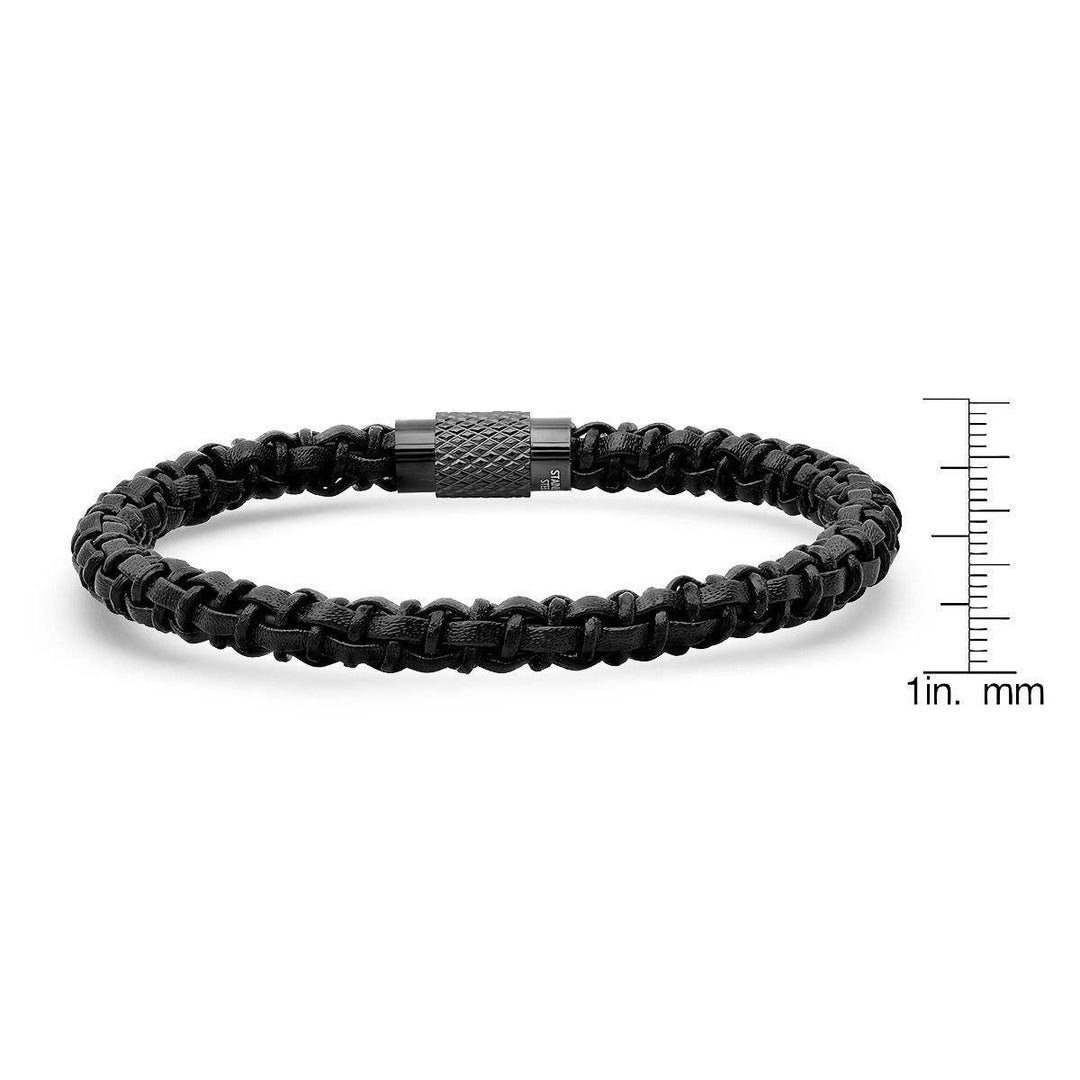 Mens Black Braided Leather Bracelet with Black IP Stainless Steel Accented Magnetic Clasp Image 3