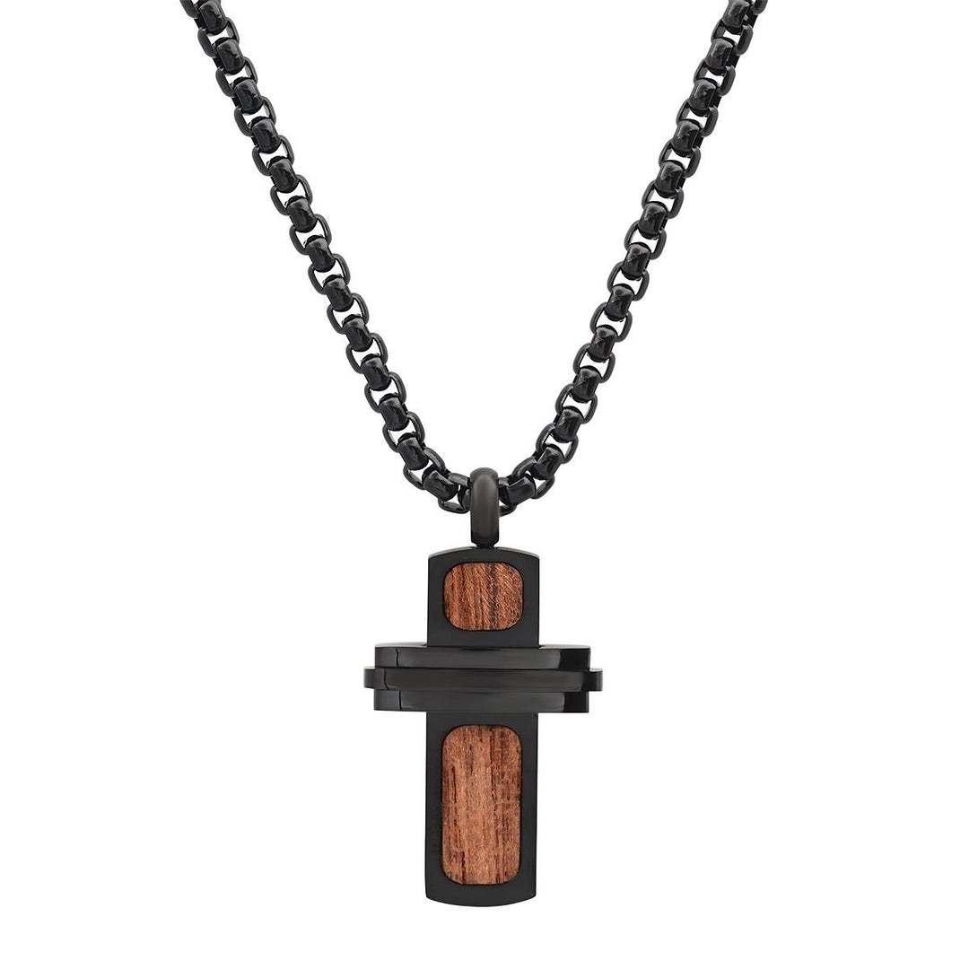 Mens Black IP Stainless Steel and Wood Small Cross Pendant Image 1