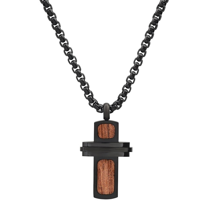 Mens Black IP Stainless Steel and Wood Small Cross Pendant Image 1