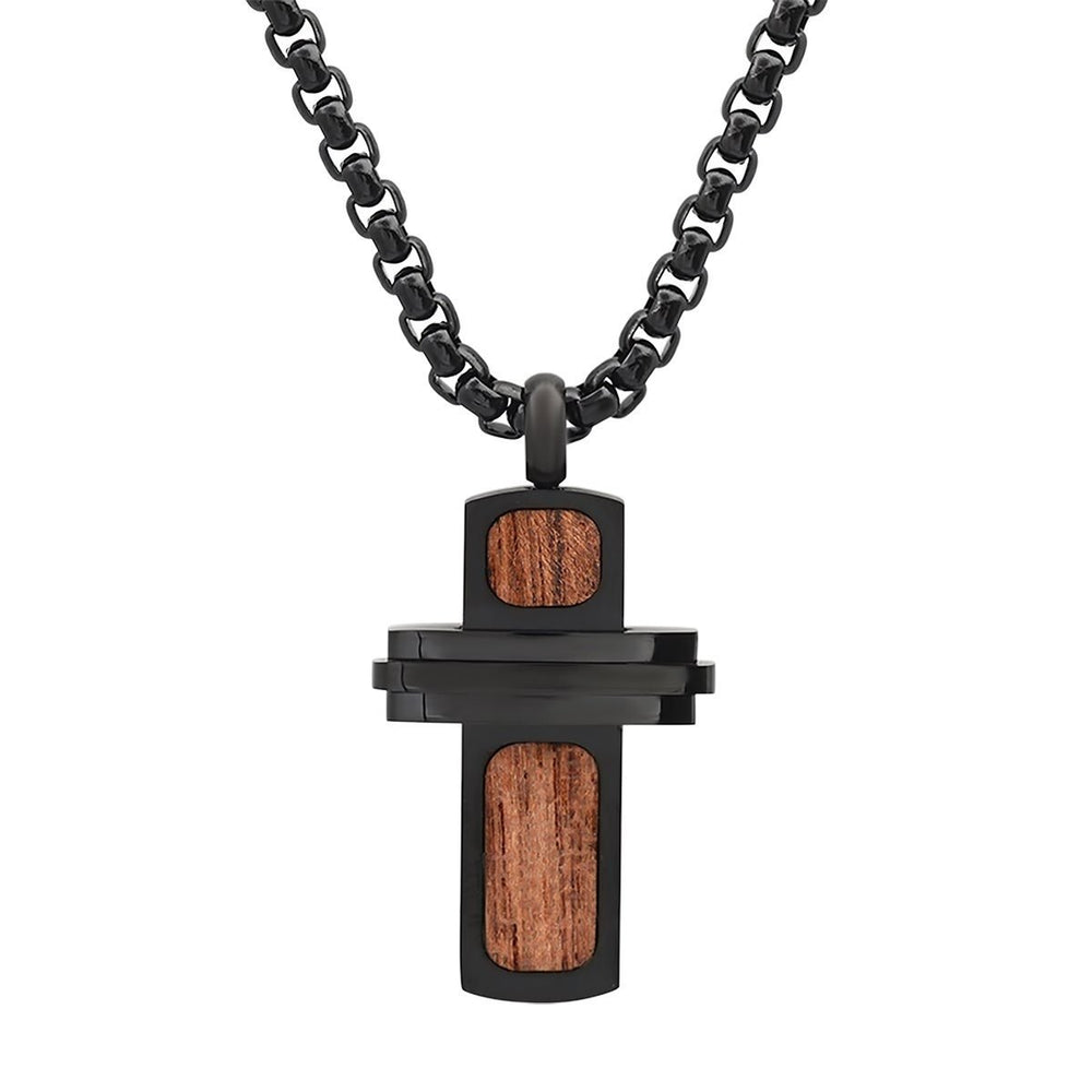 Mens Black IP Stainless Steel and Wood Small Cross Pendant Image 2